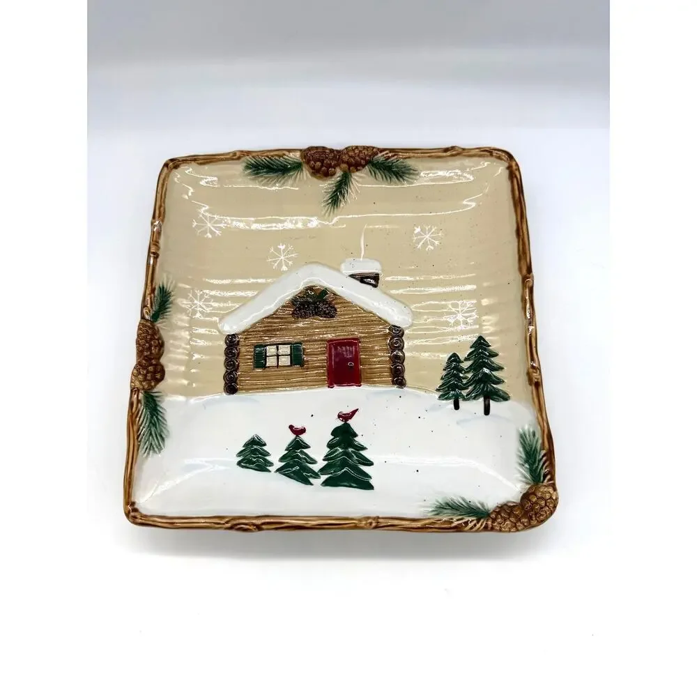 St. Nicholas Square Heartland Square Winter Log Cabin Salad Plate 9,25
